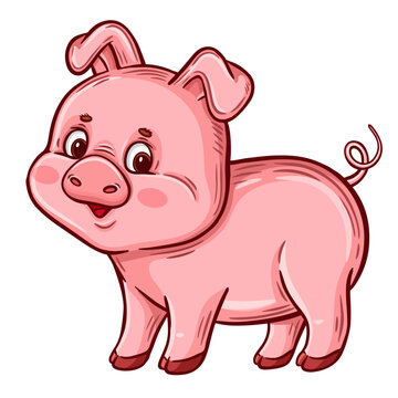 Cute little pig, pink piggy farm domestic animal cartoon character icon. Funny fat baby piglet. Adorable rural swine stand. Agriculture livestock mammal. Pork meat food. Children book drawing. Vector