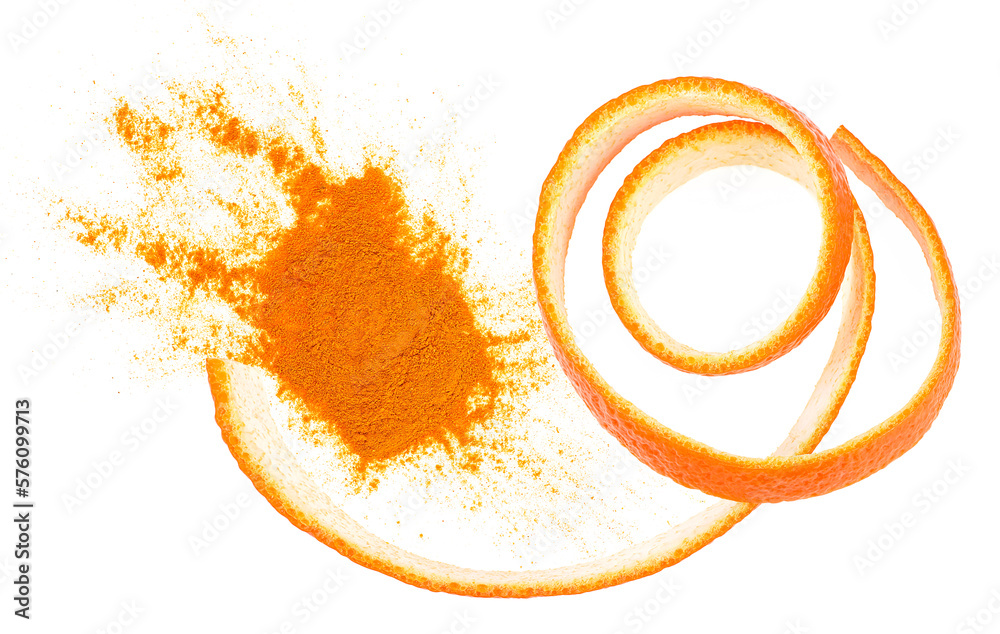 Wall mural dried orange powder with fresh orange zest isolated on a white background, top view.