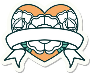 tattoo style sticker of a heart and banner with flowers