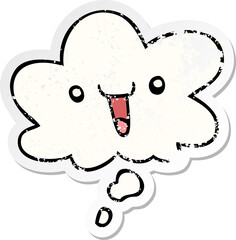 cute happy cartoon face and thought bubble as a distressed worn sticker