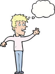 cartoon happy boy waving with thought bubble