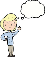 cartoon friendly waving woman with thought bubble