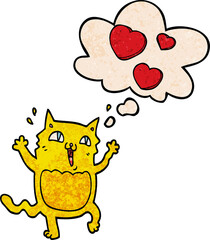 cartoon cat crazy in love and thought bubble in grunge texture pattern style