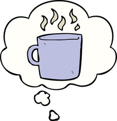 cartoon hot cup of coffee and thought bubble