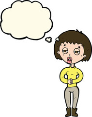 cartoon tired woman with thought bubble