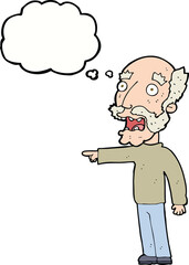 cartoon scared old man pointing with thought bubble