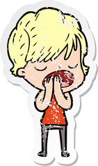 distressed sticker of a cartoon woman talking