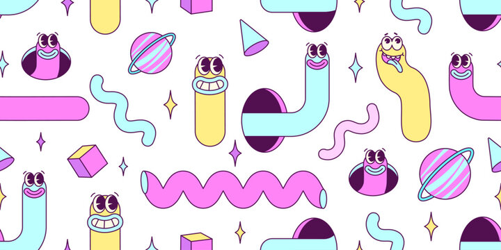 Trendy Y2K acid seamless pattern with worm and snakes and abstract shapes. Nostalgia for 90s-2000s. Vector illustration.