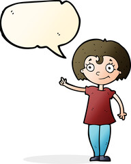cartoon happy woman pointing with speech bubble
