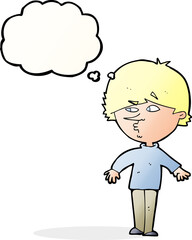 cartoon suspicious man looking over shoulder with thought bubble