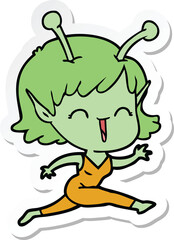 sticker of a cartoon alien girl laughing