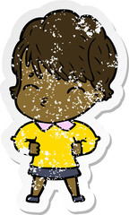 distressed sticker of a cartoon woman thinking