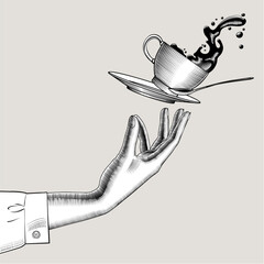 Woman's hand and flying Coffee cup with a splashed coffee or tee, dish and spoon. Vintage stylized drawing. Vector illustration
