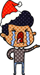 comic book style illustration of a crying man wearing santa hat