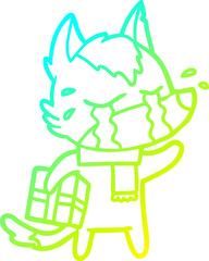 cold gradient line drawing cartoon crying wolf with christmas present