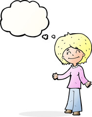cartoon happy woman with thought bubble