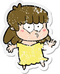 distressed sticker of a cartoon whistling girl