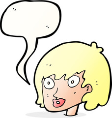 cartoon happy female face with speech bubble