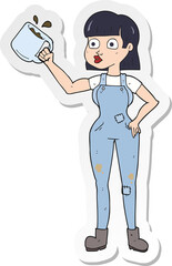 sticker of a cartoon female worker with coffee mug