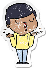 distressed sticker of a cartoon happy boy with no worries
