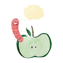 cartoon apple with worm with thought bubble