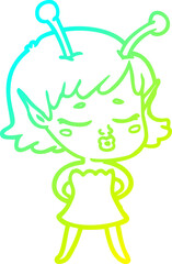 cold gradient line drawing cute alien girl cartoon