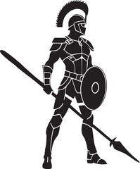 Illustration of a Spartan warrior in striking black and white monochrome style, evoking a sense of power and courage through his poised spear and commanding stance - obrazy, fototapety, plakaty