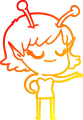 warm gradient line drawing smiling alien girl cartoon