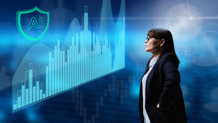 Serious business woman looking at statistical graphs, artificial intelligence in strategy