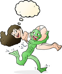 cartoon swamp monster carrying girl in bikini with thought bubble