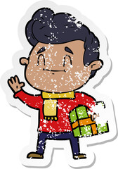 distressed sticker of a happy cartoon man with gift