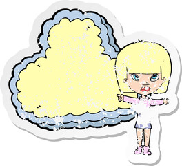 retro distressed sticker of a cartoon woman with cloud text space