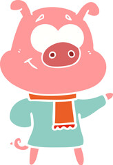 happy flat color style cartoon pig wearing warm clothes