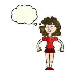 cartoon pretty girl with shocked expression with thought bubble