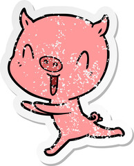distressed sticker of a happy cartoon pig running