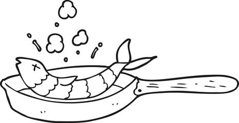 black and white cartoon frying fish