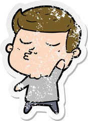 distressed sticker of a cartoon model guy pouting