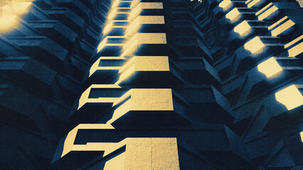Futuristic brutalist buildings in perspective with duotone grainy vintage print texture effect