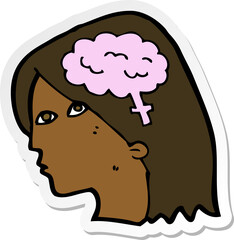 sticker of a cartoon female head with brain symbol