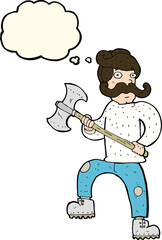 cartoon man with axe with thought bubble