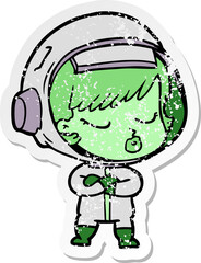 distressed sticker of a cartoon pretty astronaut girl