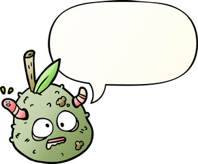 cartoon rotting old pear and worm and speech bubble in smooth gradient style