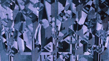 Abstract fragmented Cubist-like cityscape pattern in muted blue and mauve tones with grainy vintage print texture effect