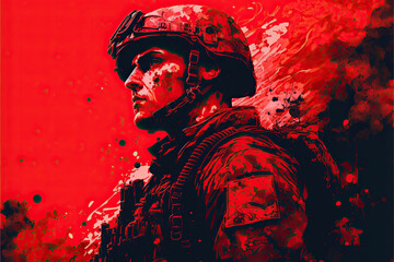 Military man, soldier in combat helmet on red background. AI generative