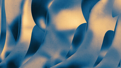Abstract airbrush-like background with wavy curvaceous forms in muted gold and blue duotone and subtle grainy retro texture © HTGanzo