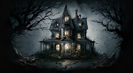 Fototapeta na wymiar Spooky horror abandoned house in the middle of nowhere with dark background terrifying ghoulish scenery in spooky night Generative AI