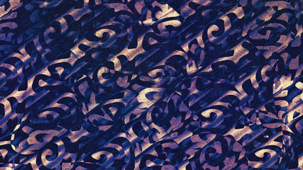 Abstract pattern with curly three-dimensional shapes in muted purple and gold palette with grainy vintage print texture effect