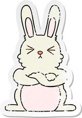 distressed sticker of a quirky hand drawn cartoon rabbit