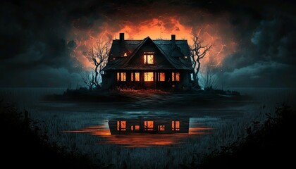 Spooky horror abandoned house in the middle of nowhere with dark background terrifying ghoulish scenery in spooky night Generative AI