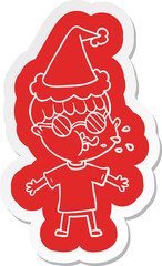 cartoon  sticker of a boy wearing spectacles wearing santa hat